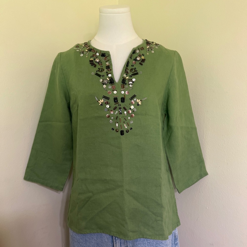 100% Linen Green Embellished Split Neck 3/4 Sleeve Top 4P